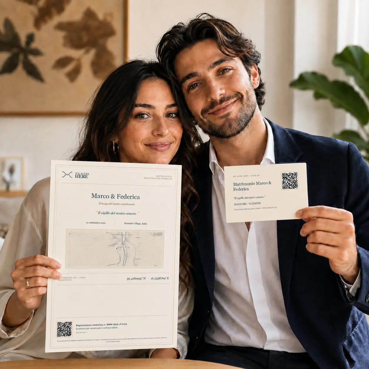 Una coppia custodisce il certificato WeWereHere e la card con QR code